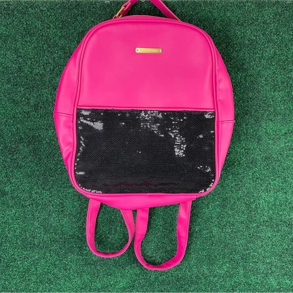Juicy Couture Fuchsia Pink & Black Sequins Nylon Faux Leather Backpack